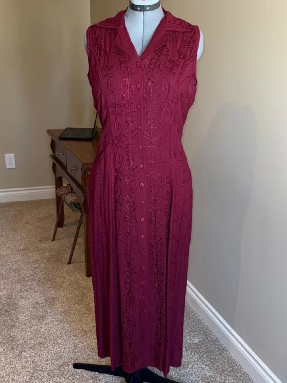 Burgundy Embroidered Button-Down Maxi Dress by East West Fashion